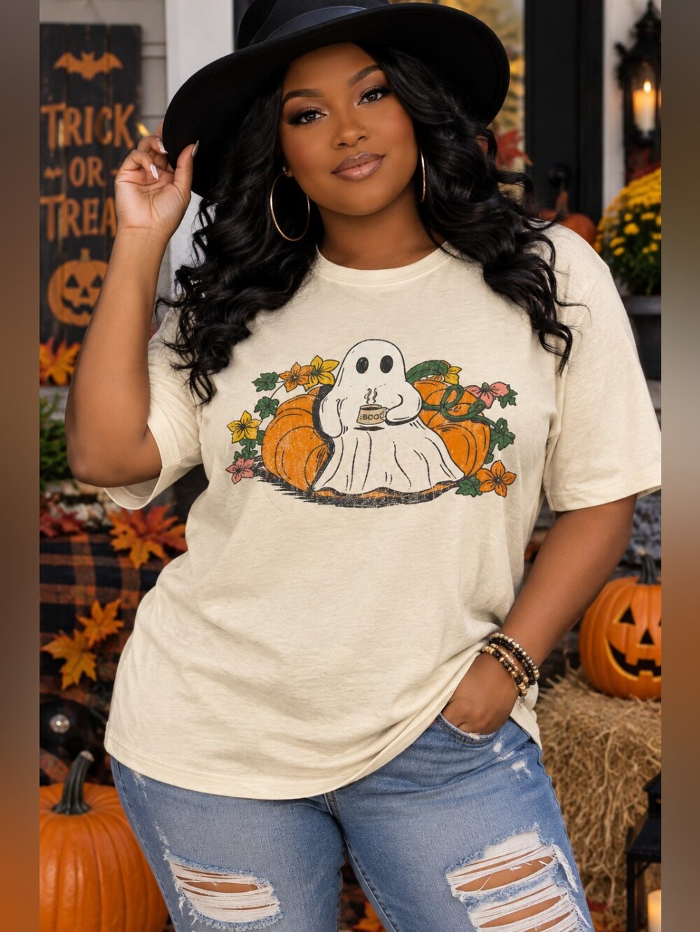 Bioworld Cream Ghost & Pumpkin Graphic Tee